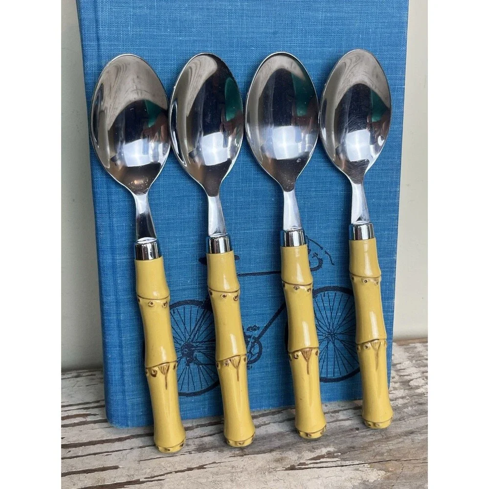 Vintage Faux Bamboo Soup Spoons (4) By Cambridge Hollywood Regency Style 7.5”
